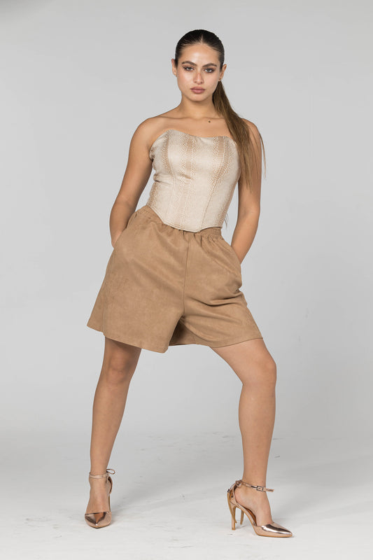 Luxe Relaxed Suede Shorts - Beige