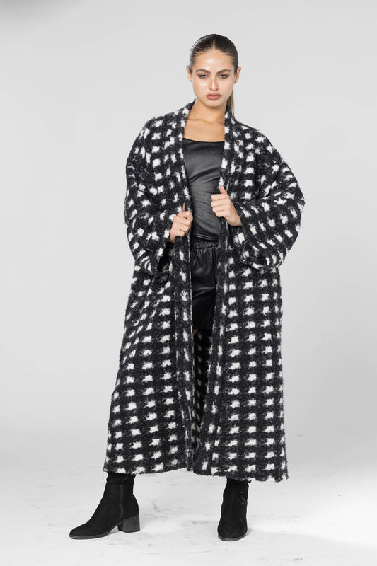 Checkered Oversized Wool Kimono - Black and White